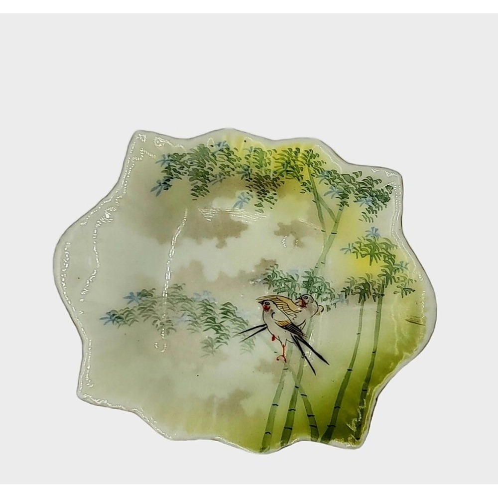 Vintage Nippon Japan Hand-painted Trinket Keys Dish Birds Trees 6 1/4" by 5 1/4"